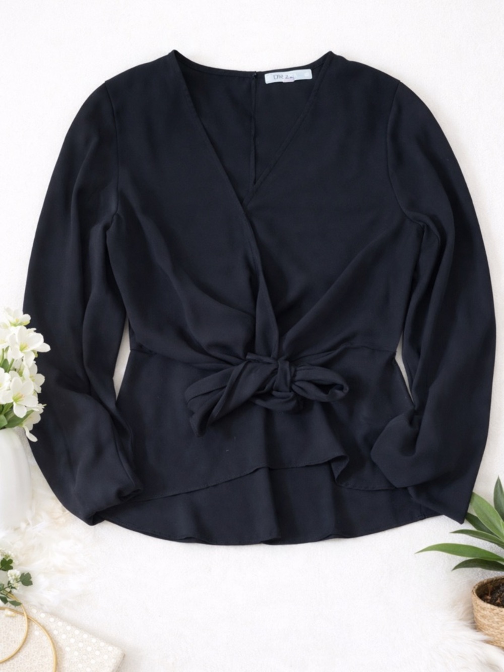DR2 Black Tie Front Wrap Blouse